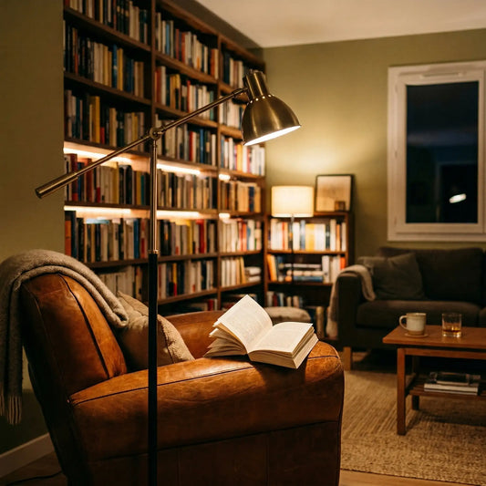 Photo réaliste d'un salon cosy en soirée, éclairage doux et chaleureux.