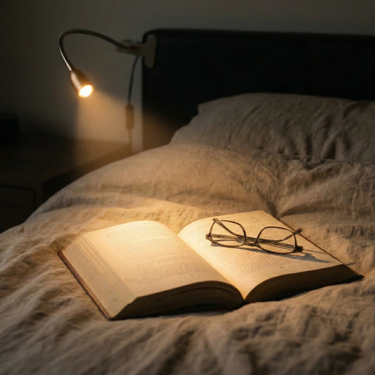 Un livre ouvert avec des lunettes posées dessus, reposant sur un lit