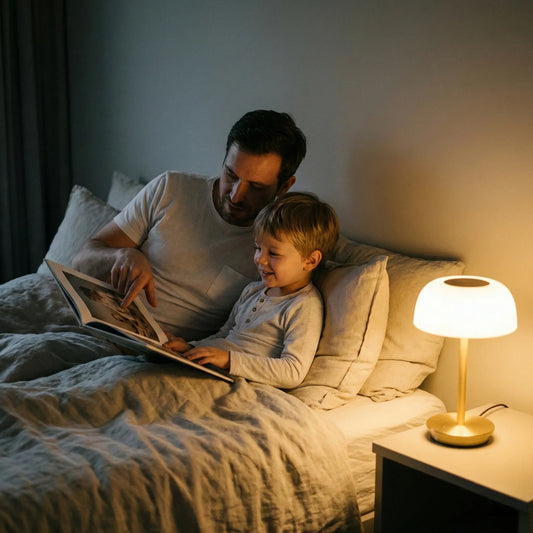 père et fils lisant avec lampe LED lumière chaude 2700K confort visuel