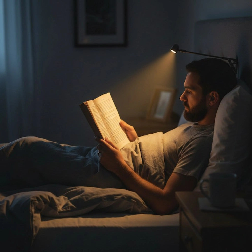 homme qui lis un livre au lit