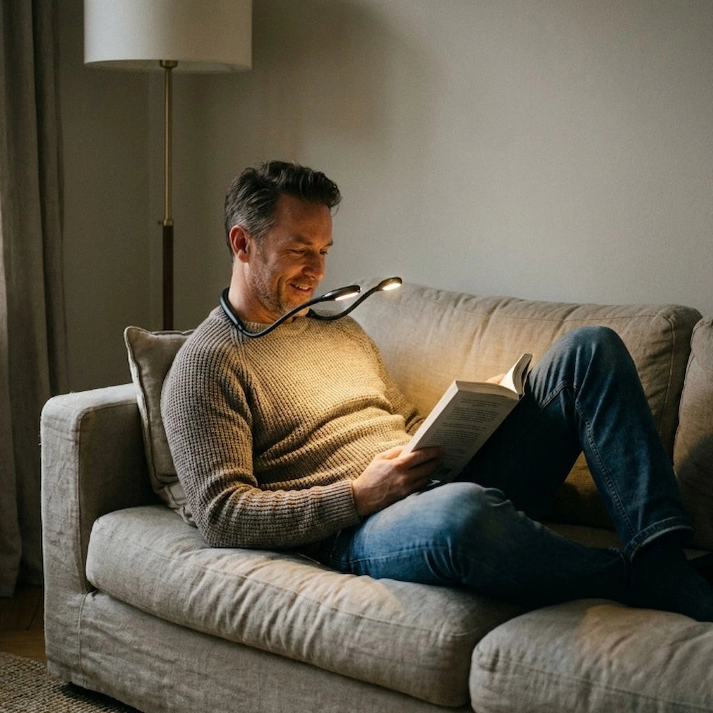 homme sur son canapé qui lis avec une lampe de lecture